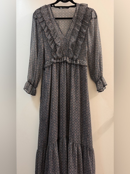 Zara Dresses & Skirts - ZARA Boho Paisley Ruffle Maxi Dress Size S Blue Orange
